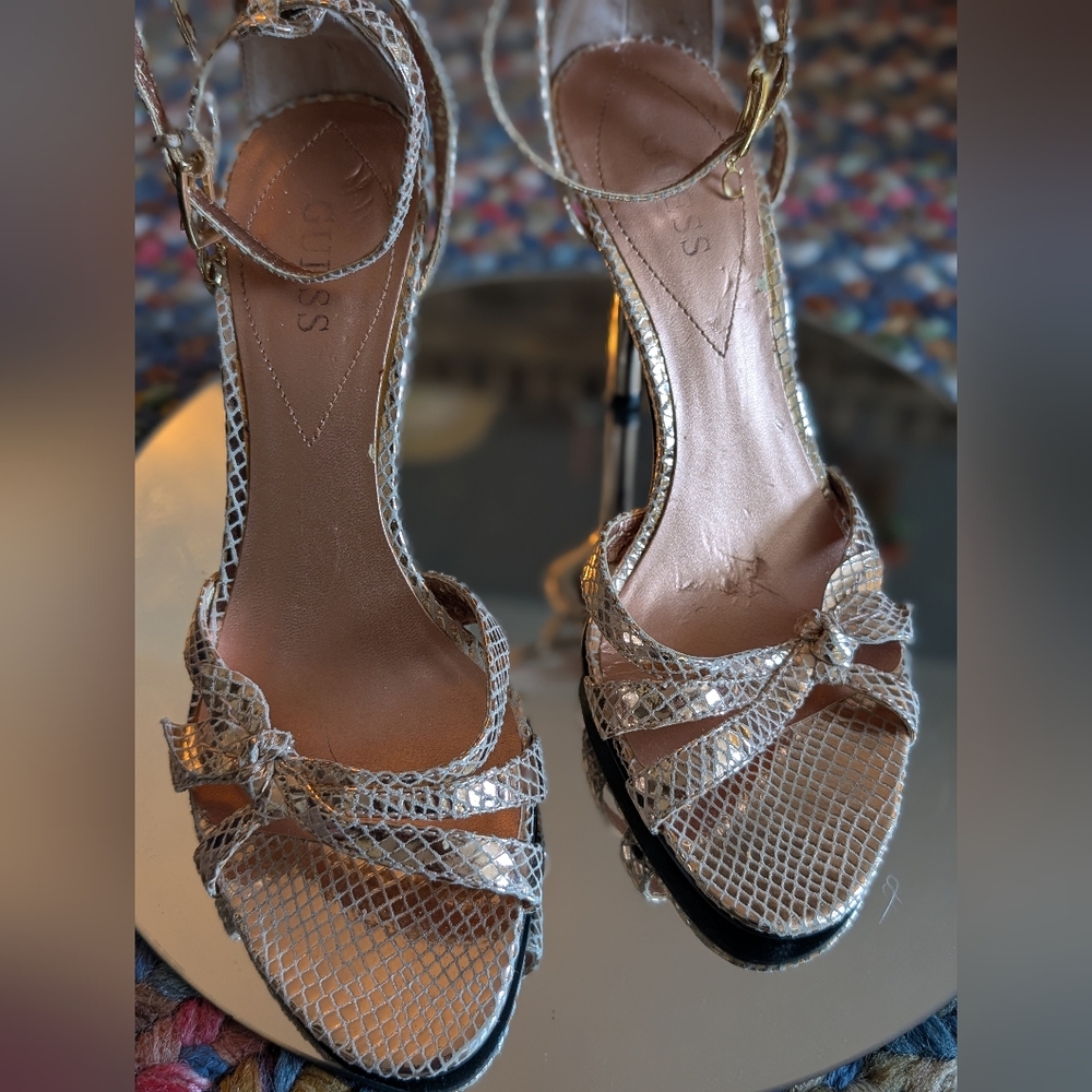 Guess Gold Snakeskin Strappy Heels